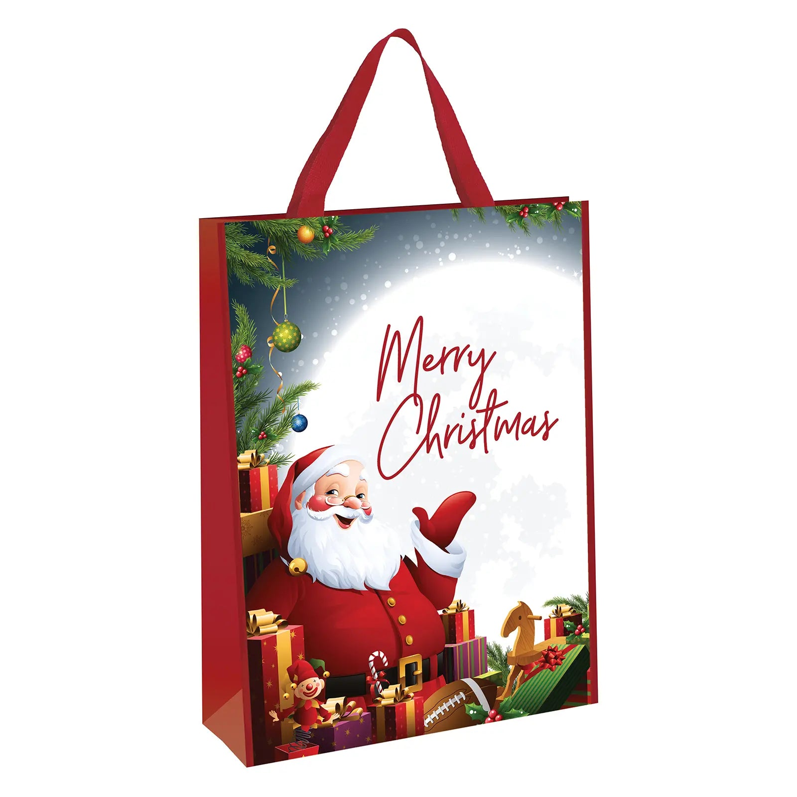 Red merry christmas gift bag featuring novelty santa claus design with wooden toys